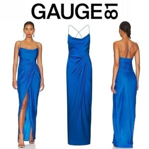 GAUGE81 'shiroi' Long Blue Dress With Draped Neckline And Split In Silk L 730$